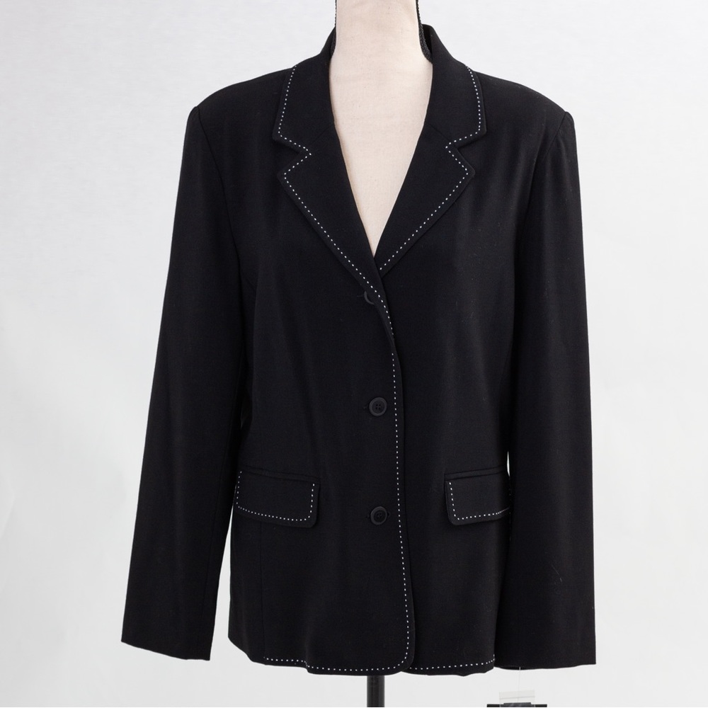 Classic black blazer jacket white stitching trim 3 button closure Sag Harbor 12
